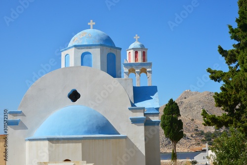 Friedhof von Emborios oder Imborios mit typischer blauweißer Kapelle auf der griechischen Insel Chalki (Halki) 9 km nördlich von Rhodos photo