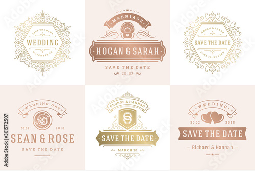 Wedding invitations save the date logos and badges vector elegant templates set