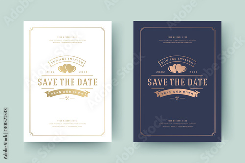 Wedding invitation save the date card golden typographic elegant template vector illustration