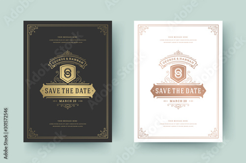 Wedding invitation save the date card template golden flourishes ornaments vignette swirls