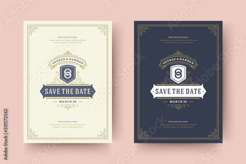 Wedding invitation save the date card template flourishes ornaments vignette swirls