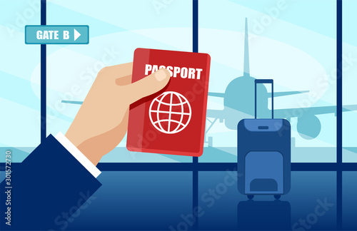Vector of a businessman hand holding a passport waiting for his flight inside an airport
