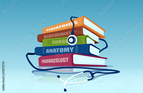 Vector of a stethoscope and a pile of medical books