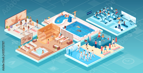 Isometric vector of people practicing sports and relaxing at fitness and wellness center