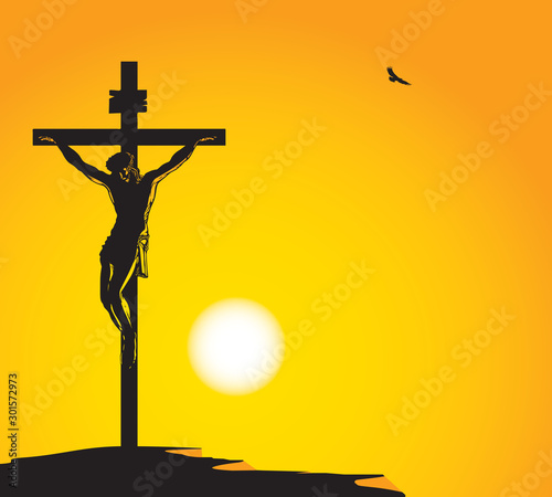 Vector illustration on religion theme with the mountain Calvary and the crucifixion. Cross with crucified Jesus Christ at sunset. Religious banner with the biblical story for Easter or Good Friday