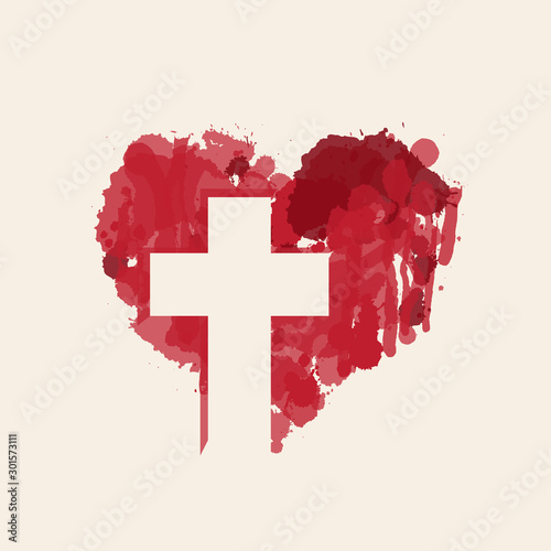 The sign of the white christian cross in the abstract red heart inside. Love of God, religious symbol. Creative vector illustration.