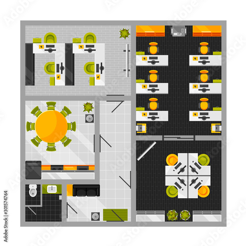 Modern open space office plan flat vector illustration