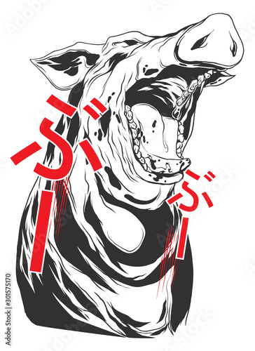 Angry hog head with japanese hieroglyph, means "bui bui" pig-like sound