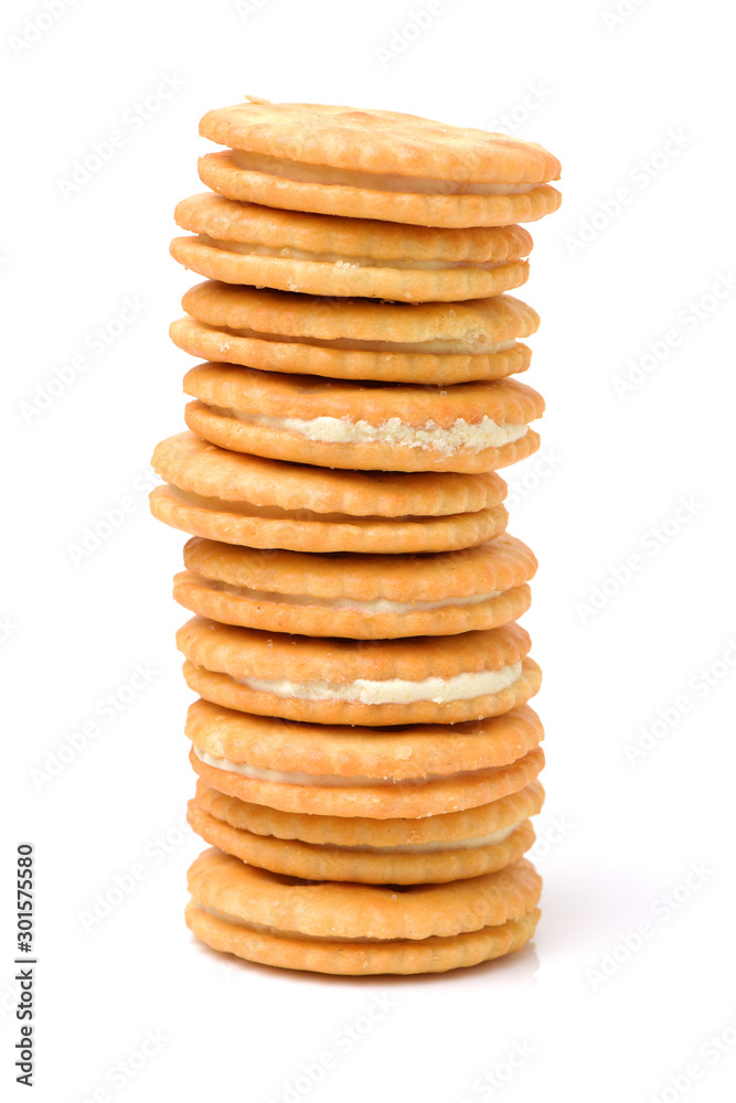 vanilla sandwich cookies on white background