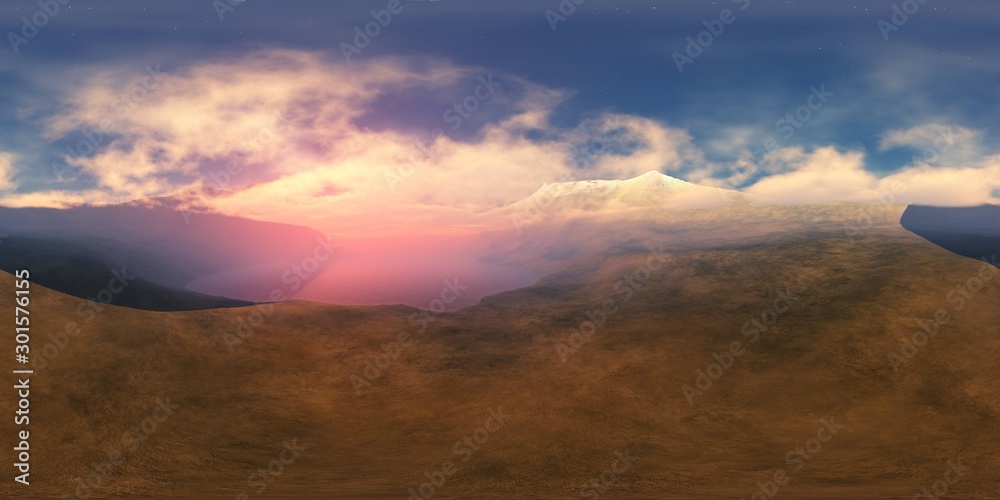 Sunset in the mountains. HDRI, environment map , Round panorama, spherical panorama, equidistant projection, 360 high resolution panorama 