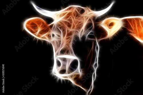 Fractal image of a brown horned cow on a contrasting black background
