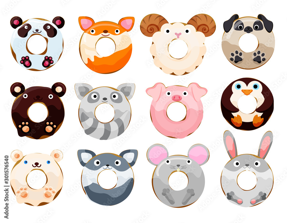 Cute animals donuts set isolated vector illustration