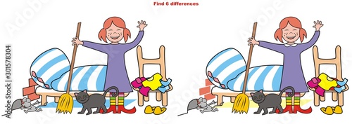 Board game, girl with animals at room, find six differences, vector illustration