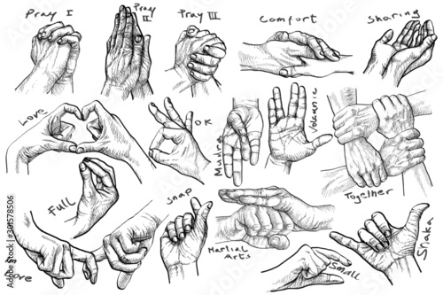 vintage art - advanced Hand gestures, hand-drawn, retro style Hands symbolising: friendship, faith, love,comfort, sharing, o.k., shaka, mantra, together, martial arts and volcanic greeting