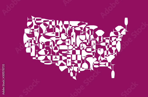 Countries winemakers - stylized maps from silhouettes of wine bottles, glasses and decanters. Map of United States.