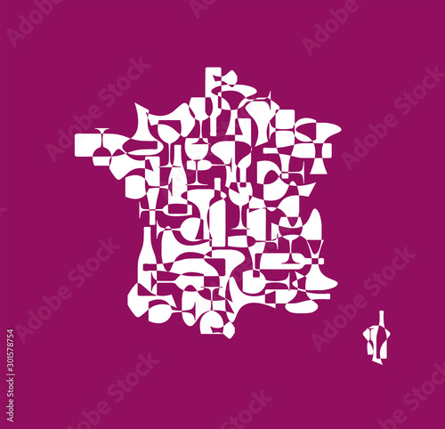 Countries winemakers - stylized maps from silhouettes of wine bottles, glasses and decanters. Map of France.