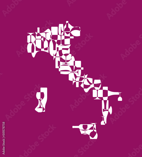 Countries winemakers - stylized maps from silhouettes of wine bottles, glasses and decanters. Map of Italy.