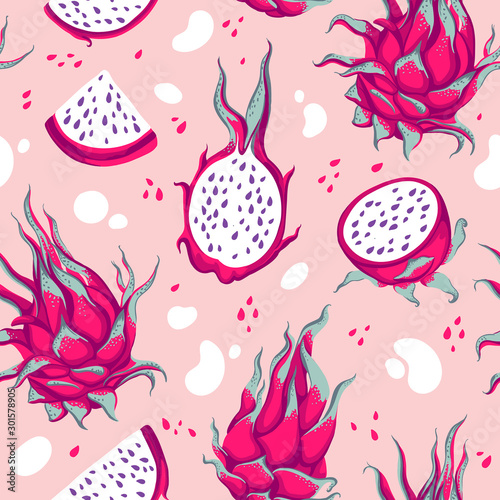 Cute vector seamless  pattern of dragon fruit on pink background.  Illustration of the exotic tropical pitayas.  Great for textile design, prints for clothes, wrapping paper, cards, wallpapers.
