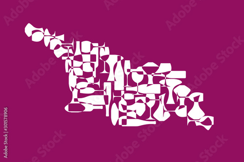 Countries winemakers - stylized maps from silhouettes of wine bottles, glasses and decanters. Map of Georgia (country).