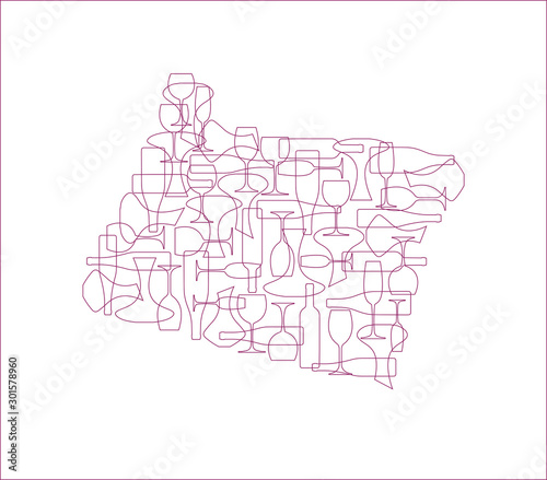 States winemakers - stylized maps from silhouettes of wine bottles, glasses and decanters. Map of Oregon.