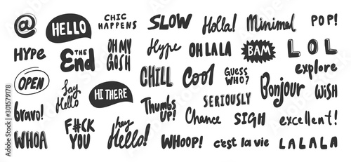 Hello, slow, la la, minimal, gosh, whoop, whoa, excellent, lol, bravo, hi, say, chill, bam. Vector hand drawn illustration collection set with cartoon lettering. 