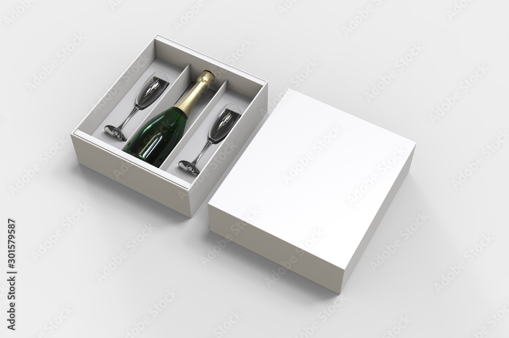 Champagne bottle and flute glass Gift Box for branding and mock up. 3d render illustration. Champagne bottle and flute glass Gift Box for branding and mock up. 3d render illustration.