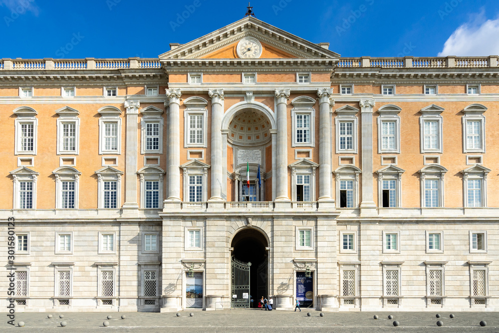 Entrance of the The Royal Palace of Caserta, built in 18th century and former residence of Bourbon kings. Caserta, Italy, October 2019