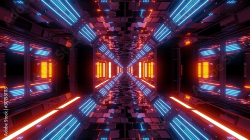 futuristic scifi space hangar tunnel corridor 3d illustration with bricks texture and glass windows background wallpaper