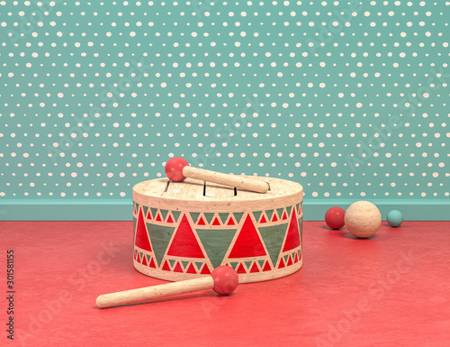 Wood and plastic vintage style playroom and toys with drum on green and red background, 3d Rendering photo