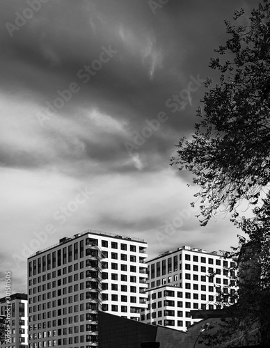 The black and white building with the tree on the front plan