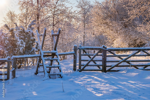 Footpath with a gate in a beautiful winter landscape