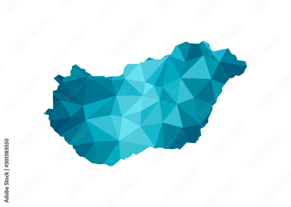 Vector isolated illustration icon with simplified blue silhouette of Hungary map. Polygonal geometric style, triangular shapes. White background Vector isolated illustration icon with simplified blue silhouette of Hungary map. Polygonal geometric style, triangular shapes. White background