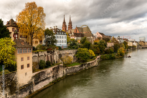 Grossbasel old town with Basler Muenster Cathedral on the Rhine river in Basel, Switzerland