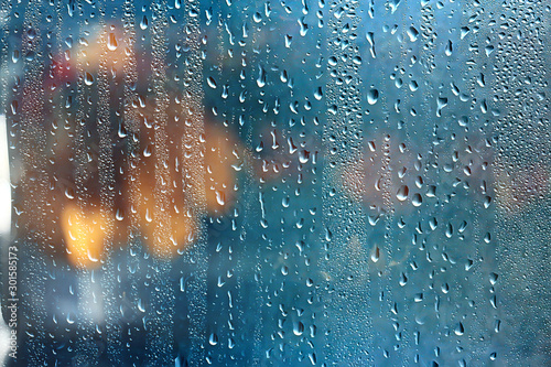 rain window autumn park branches leaves yellow / abstract autumn background, landscape in a rainy window, weather October rain