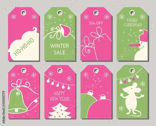 Christmas Tags. Pink green template with Christmas Rat and Snowman