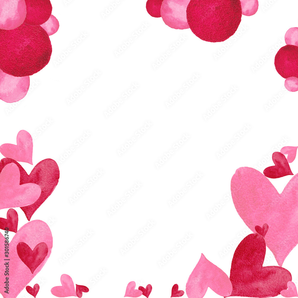 Obraz premium Quadratic frame of decorative hearts and spots in red and pink colours. Love theme. Watercolor hand painted elements isolated on white background. 