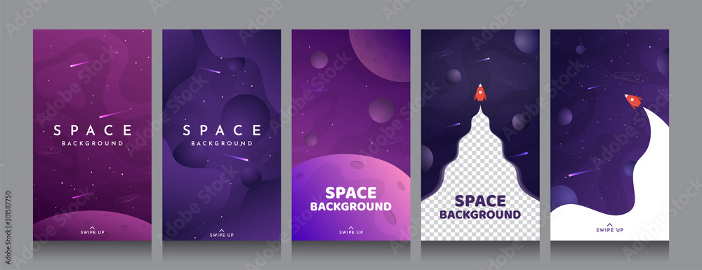 Fototapeta Vector flat illustration with copy space. Cosmos exploration wallpaper. Element for design business cards, invitations, discount voucher, gift cards, flyers and brochures. Violet background collection