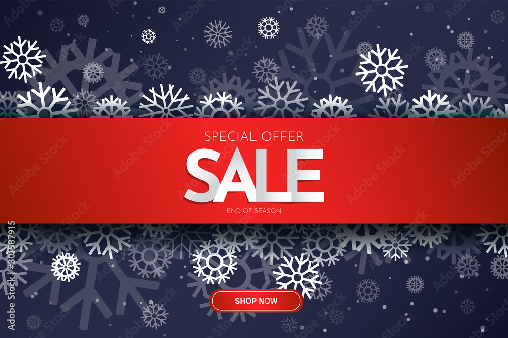 Vector background. Winter luxury design. Night web concept. Red carpet with space for text. Website template. Scattered snowflakes. Dark blue color. Snowfall layout. Beautiful banner. Ribbon. Sale 