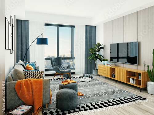 Foto Luxury Modern Living Room, 3d rendering illustration