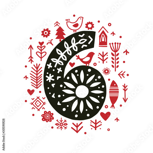 Creative number six 6 with folk motives - scandinavian. Vector illustration.