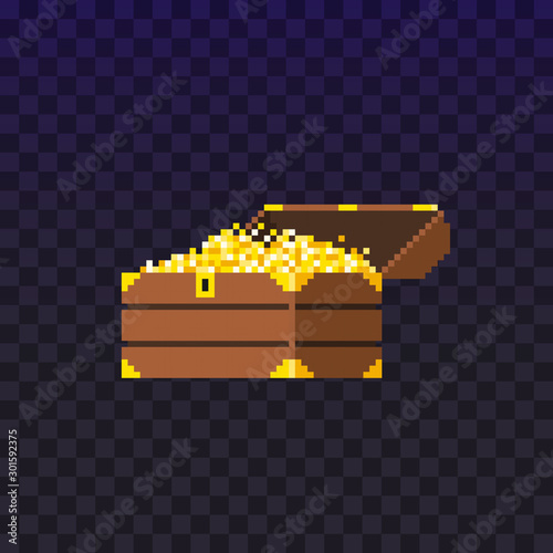 Pixel treasure chest filled with coins for video game. Shine gold money.  Wealth. Vector illustration isolated on dark background.