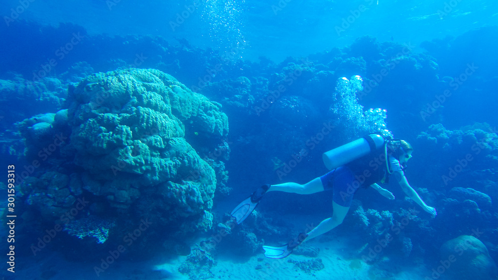 Obraz premium Diving with air balloon in the red sea. Instructor. Girl and coral reefs. Traveling lifestyle. Water sports. Beach holidays.