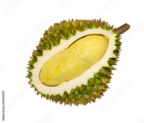 Thai fresh durian riped, durian peel on white background isolate , durian king of fruit with clip path.