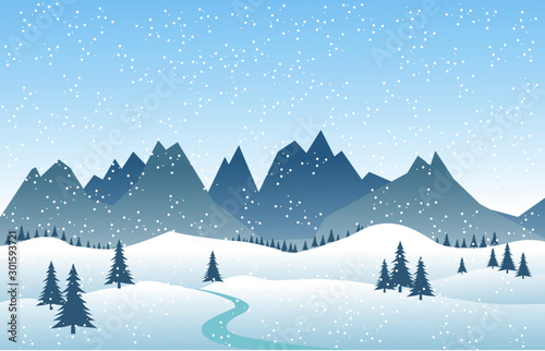 Winter Mountains landscape snow and blue sky with pines and hills.Vector illustration