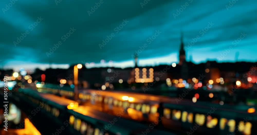 Stockholm, Sweden. Subway Train in Motion During Night Time. City Skyline. 4K