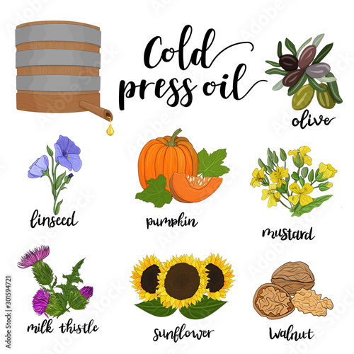 oil press and plant set white background