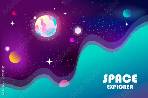 Horizontal space background with abstract shape and planets. Web design. Space exploring. Vector illustration. Template for backdrop, flyer, poster, card, banner.