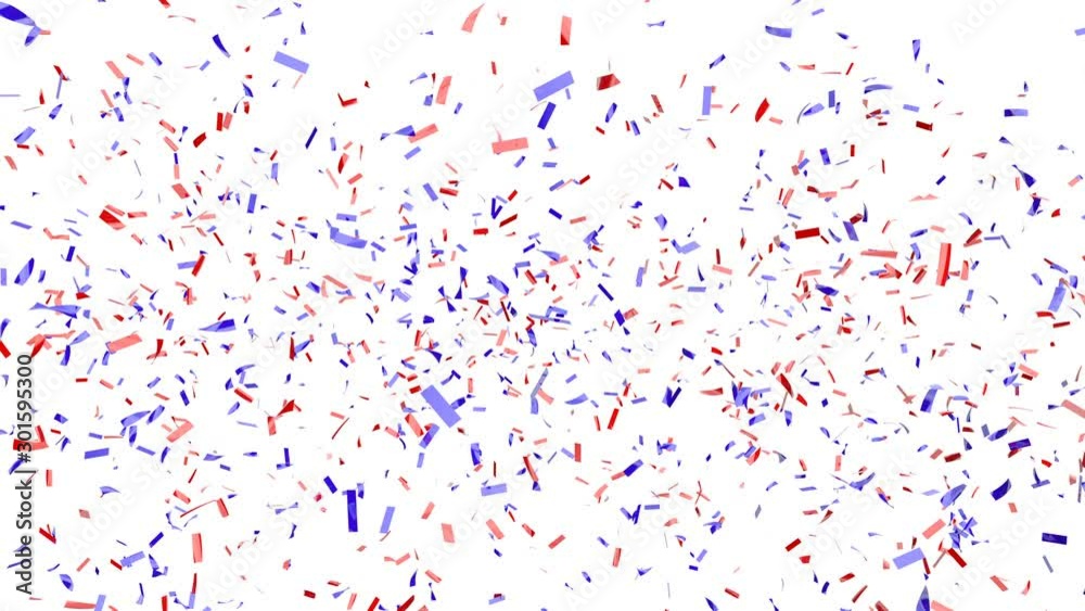 Festive red and blue confetti falling on a white background with alpha matte