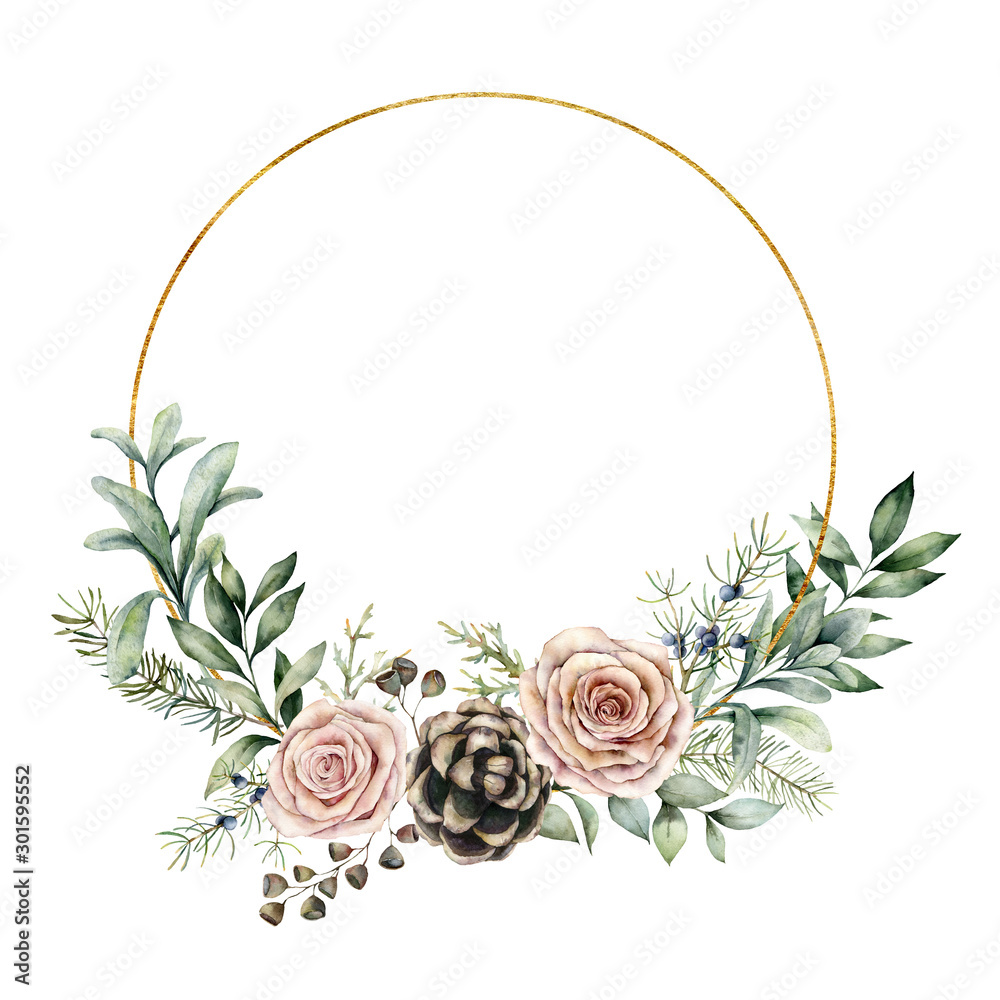 Watercolor winter wreath with roses and eucalyptus branch. Hand painted pine cones and leaves composition isolated on white background. Holiday floral illustration for design, print or background. Watercolor winter wreath with roses and eucalyptus branch. Hand painted pine cones and leaves composition isolated on white background. Holiday floral illustration for design, print or background.