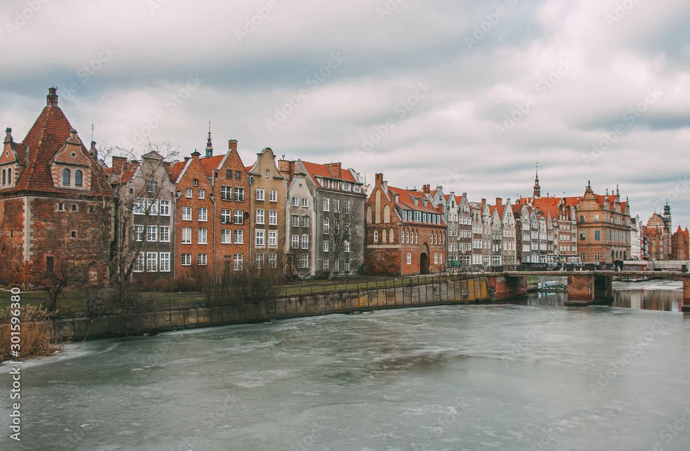 View of Gdansk old Town from the Motlawa River, Poland. Ancient European city